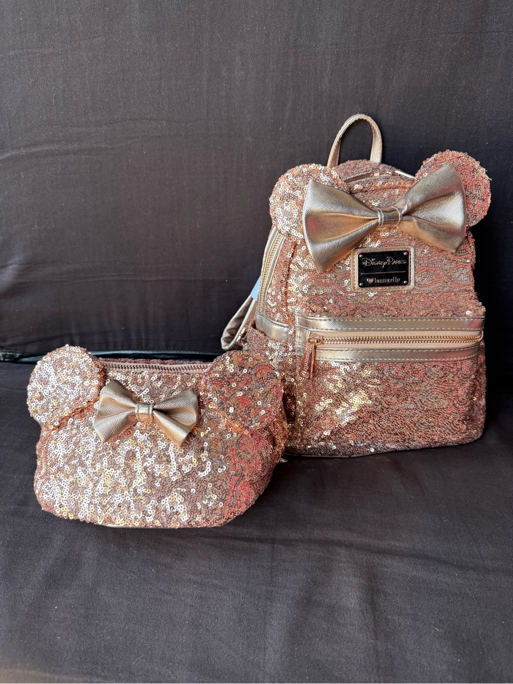 Loungefly Rose Gold Sequin Mini Backpack and Pouch Set - Picture 14 of 16